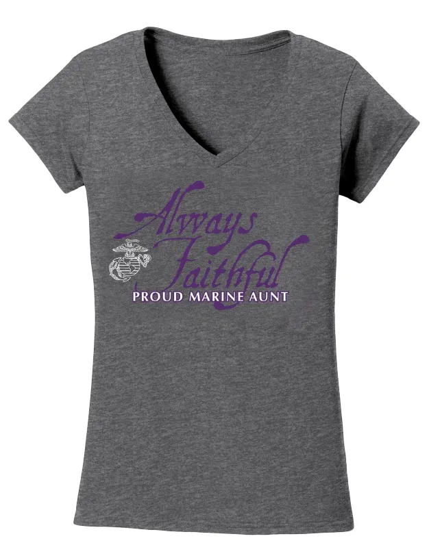 Always Faithful Proud Aunt Ladies USMC V-Neck T-Shirt-Sport Grey