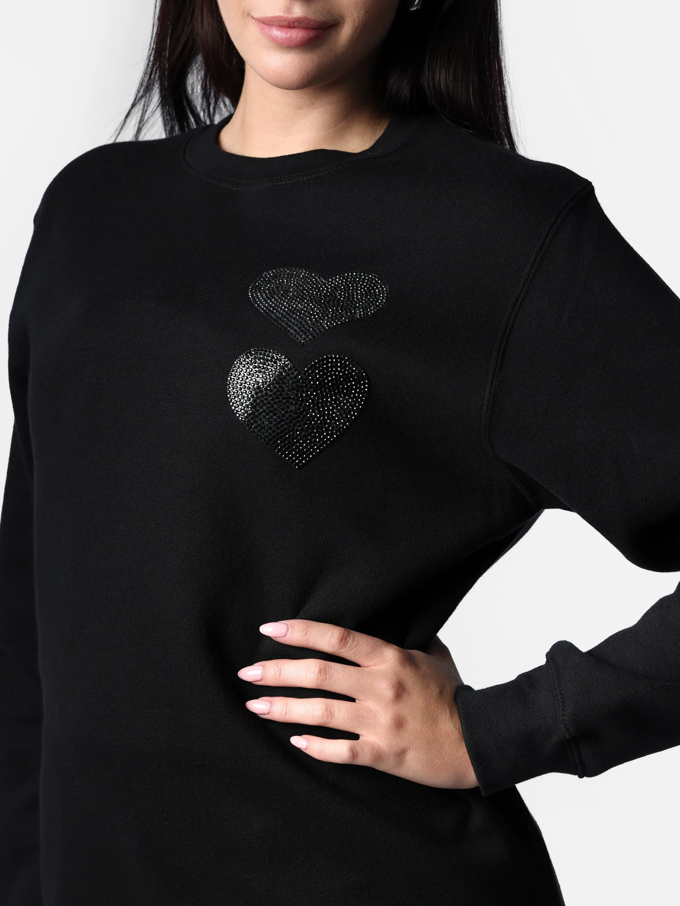 Bedazzled Black Twin Hearts Crewneck Sweater