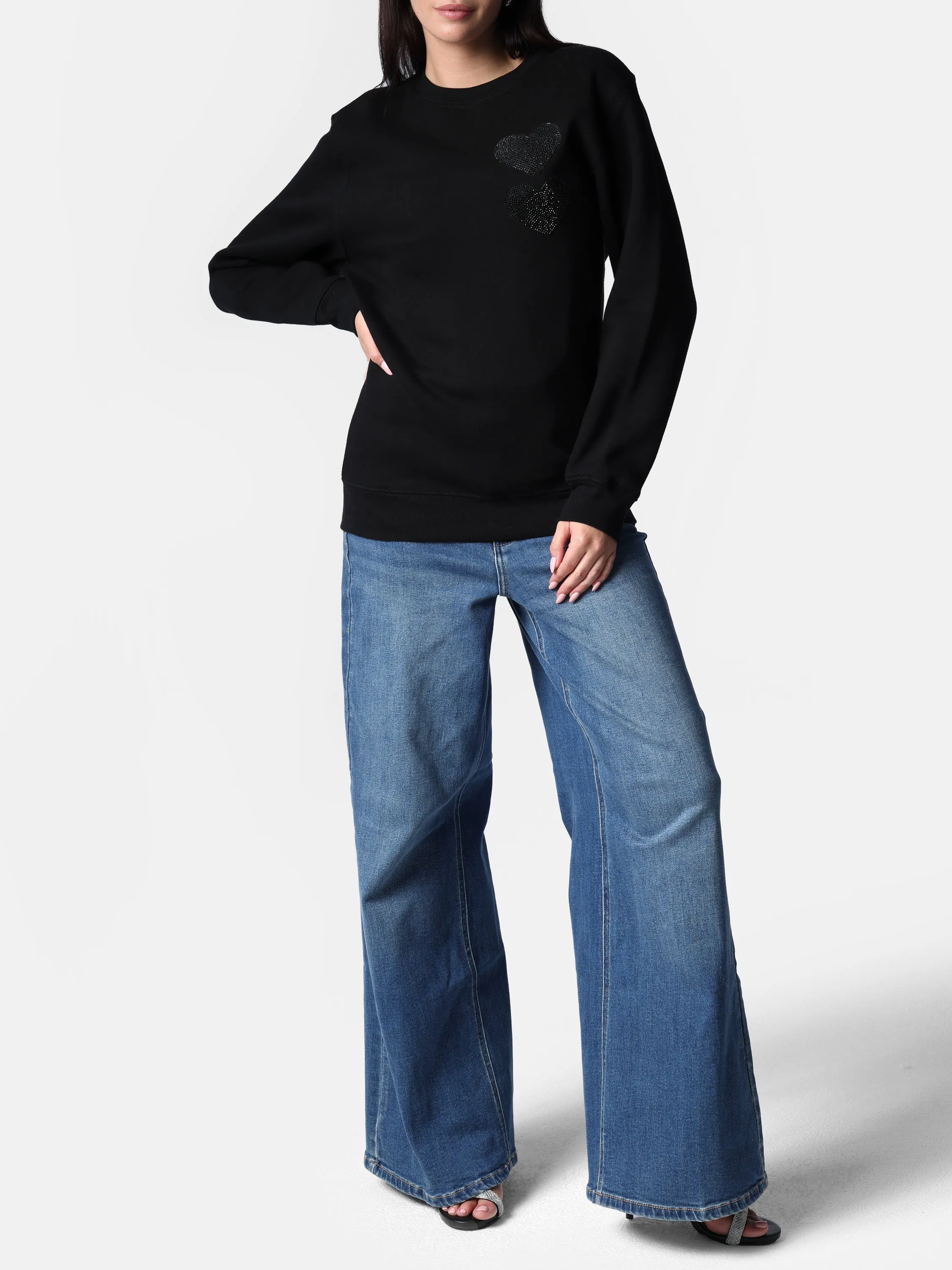 Bedazzled Black Twin Hearts Crewneck Sweater