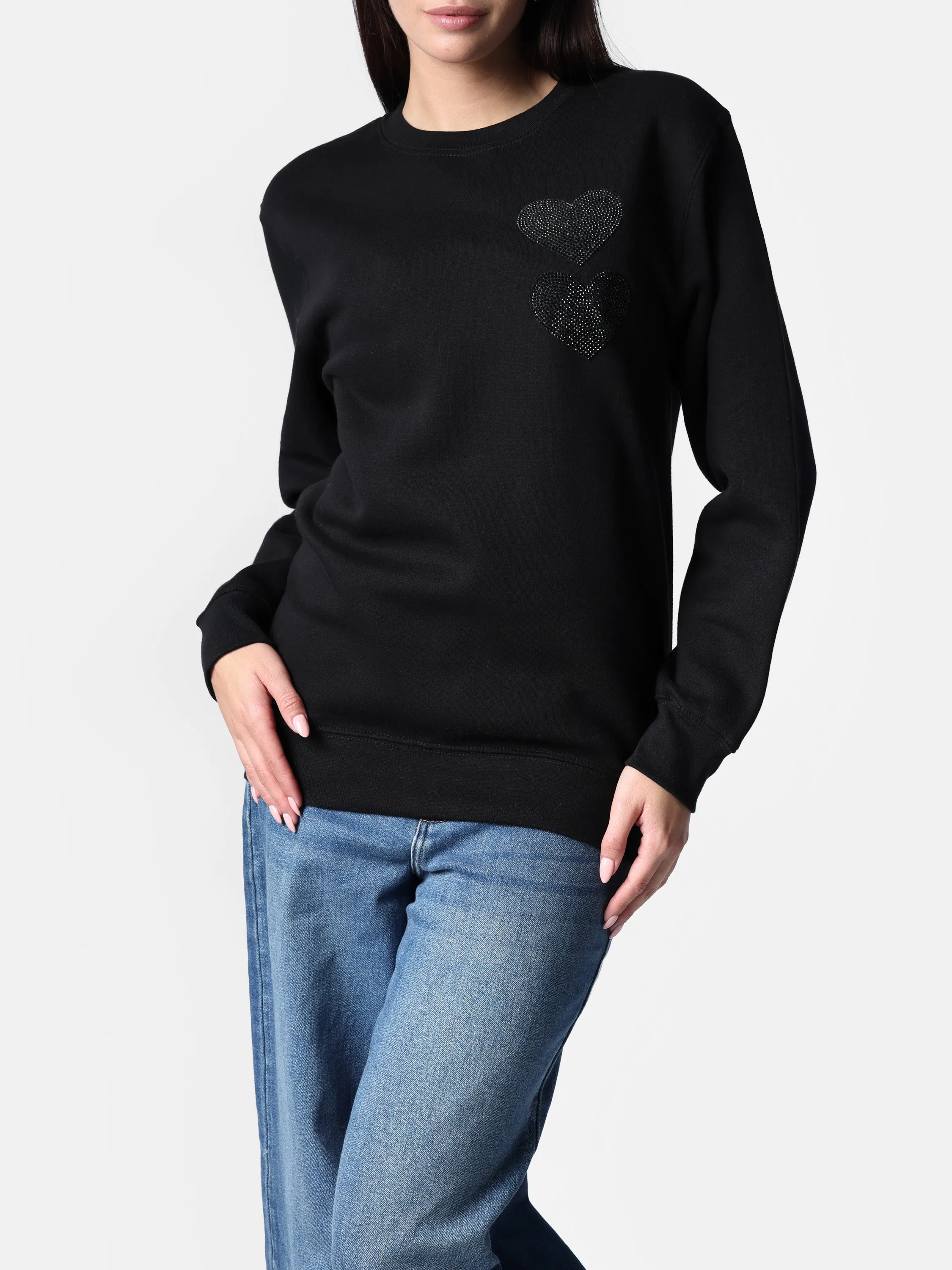 Bedazzled Black Twin Hearts Crewneck Sweater