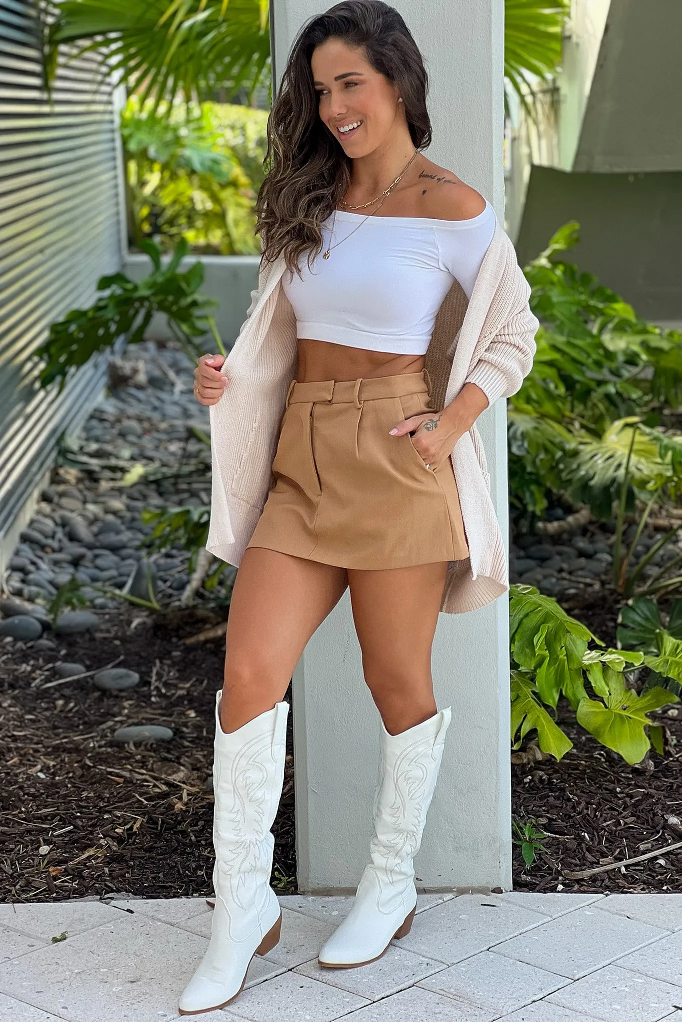 Camel High Waisted Skirt Shorts With Pockets