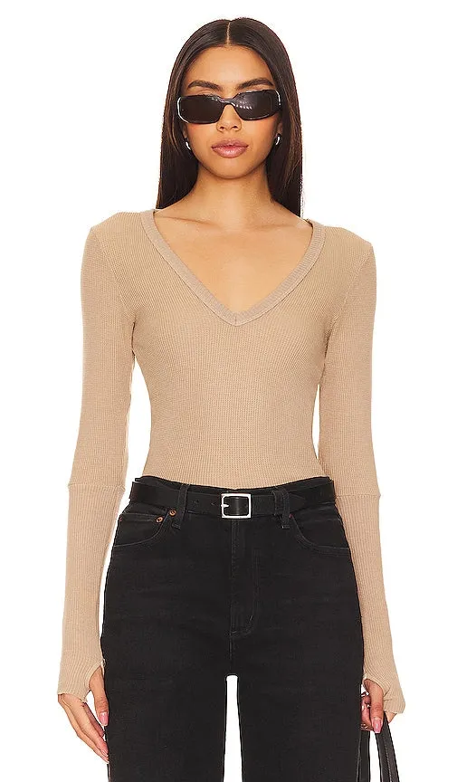 Enza Costa Cuffed V Neck Top in Neutral