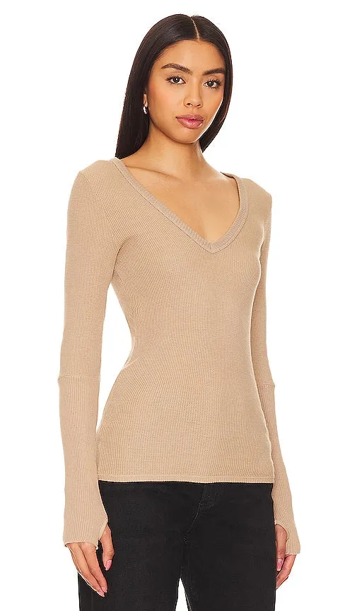 Enza Costa Cuffed V Neck Top in Neutral