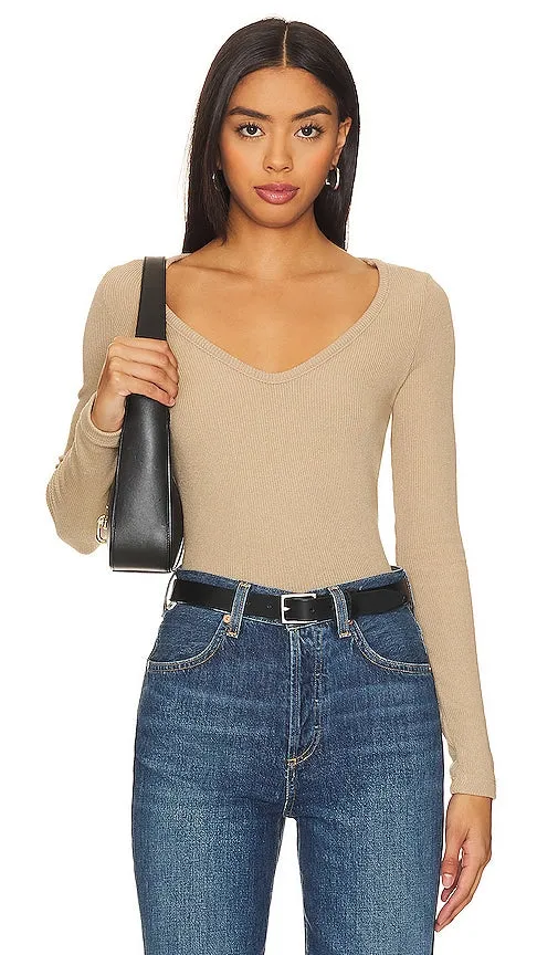 Enza Costa Knit V-neck Top in Tan