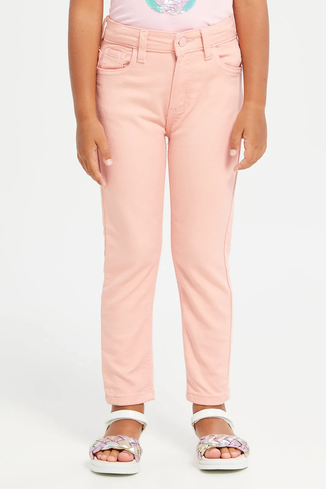 Girls Pink Plain Regular Fit Jeans