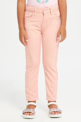 Girls Pink Plain Regular Fit Jeans