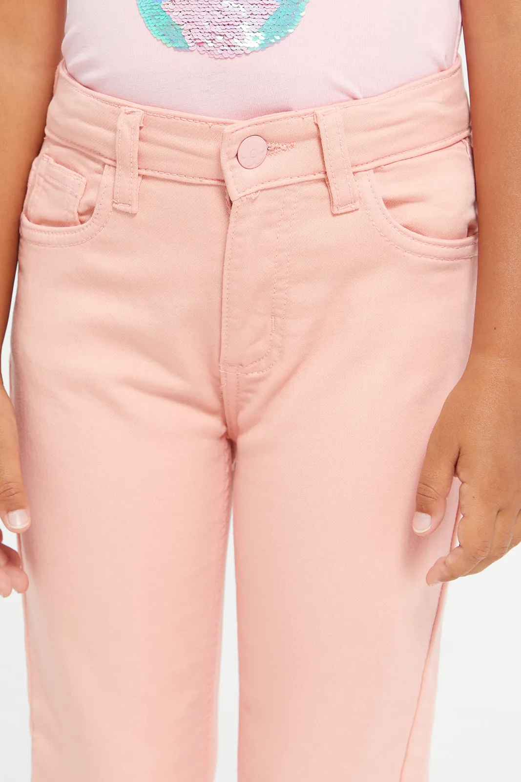 Girls Pink Plain Regular Fit Jeans