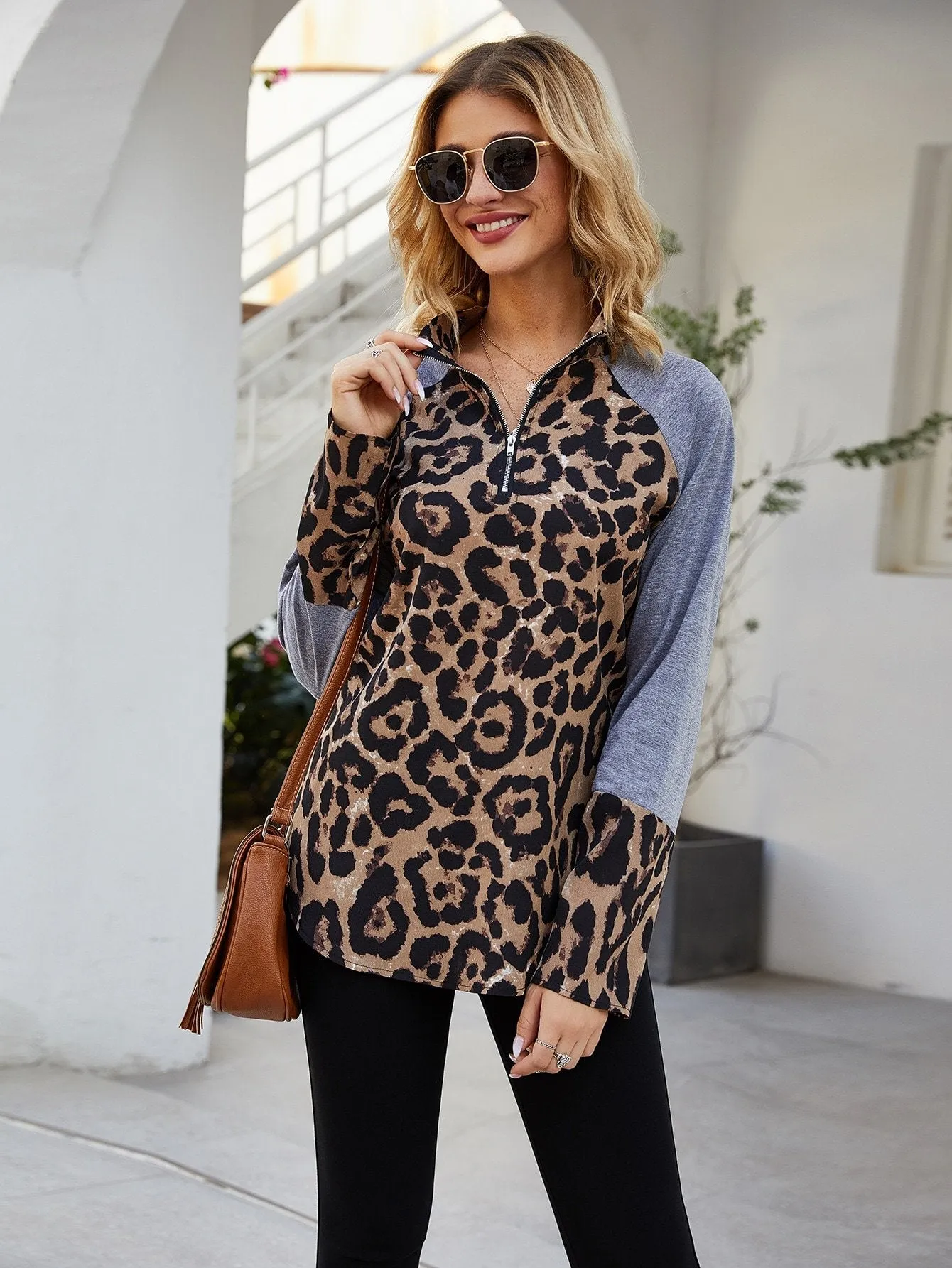 Half Zip Raglan Sleeve Leopard Print Tee