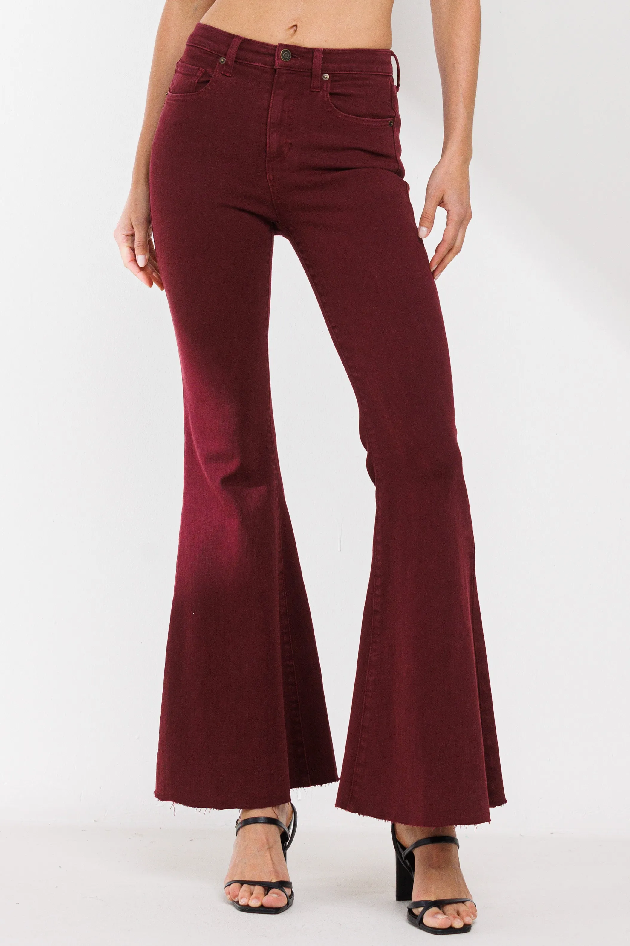 HIGH RISE RED WINE COLOR FLARE JEANS WITH RAW CUT HEM / SP-P12257RW