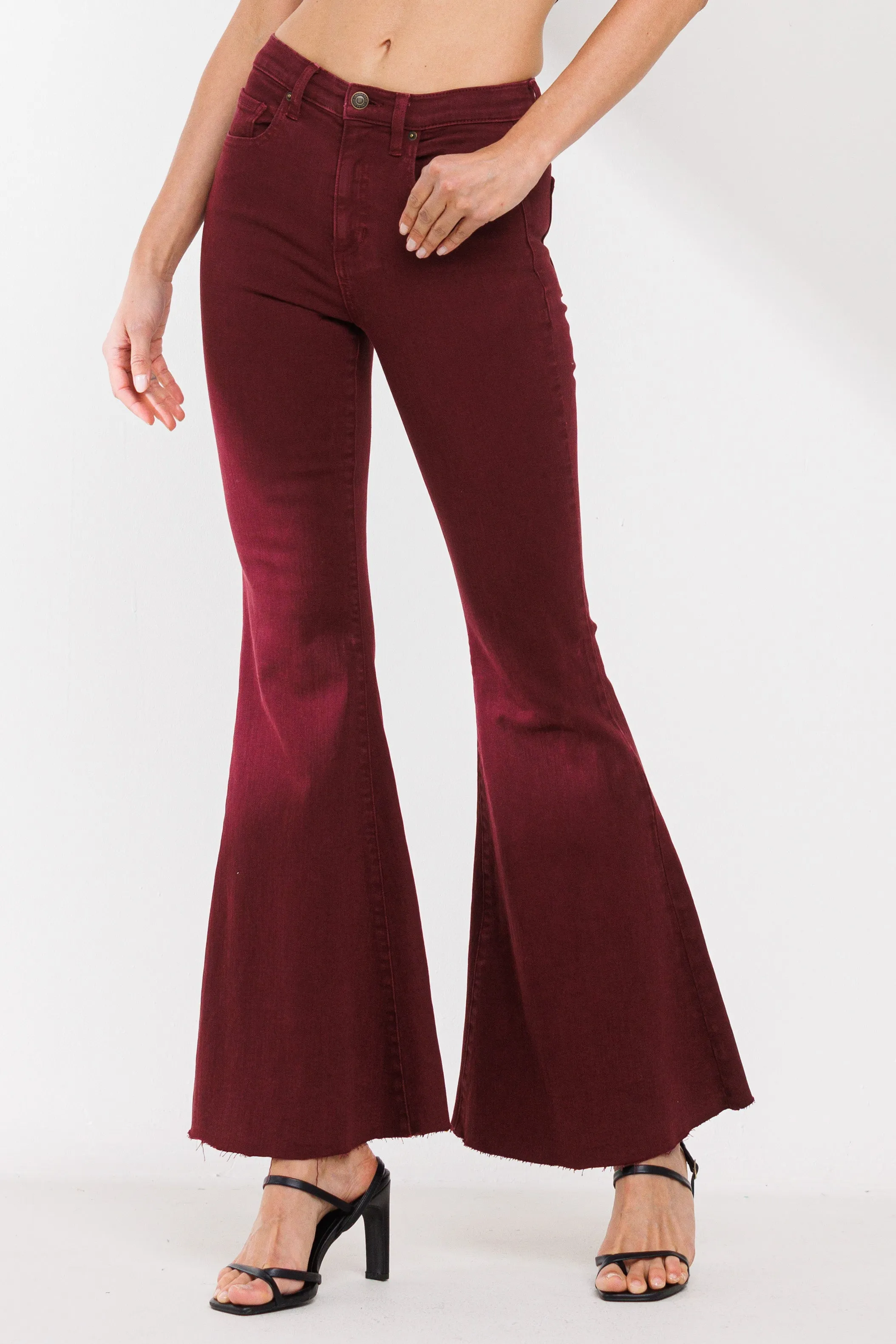 HIGH RISE RED WINE COLOR FLARE JEANS WITH RAW CUT HEM / SP-P12257RW