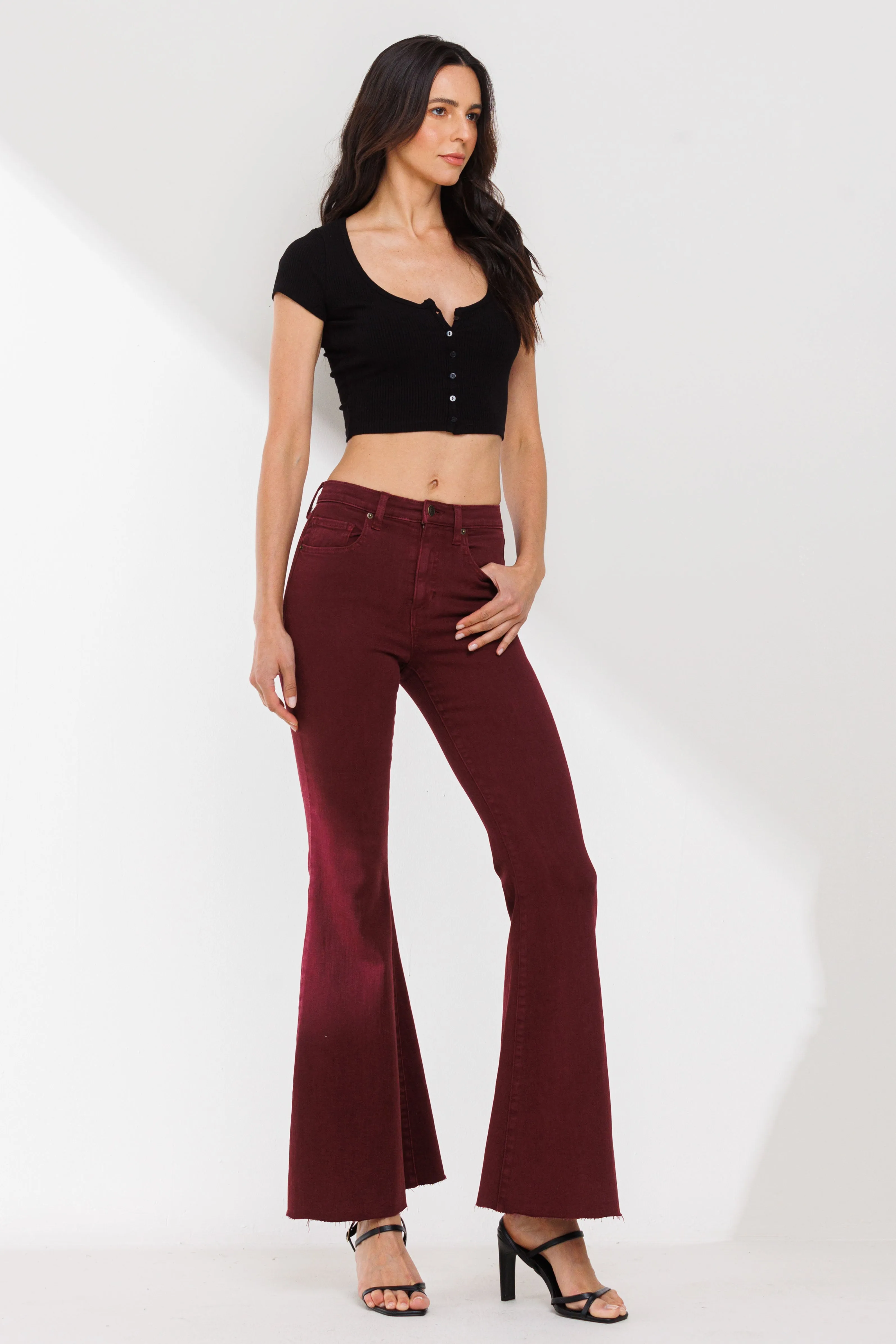 HIGH RISE RED WINE COLOR FLARE JEANS WITH RAW CUT HEM / SP-P12257RW
