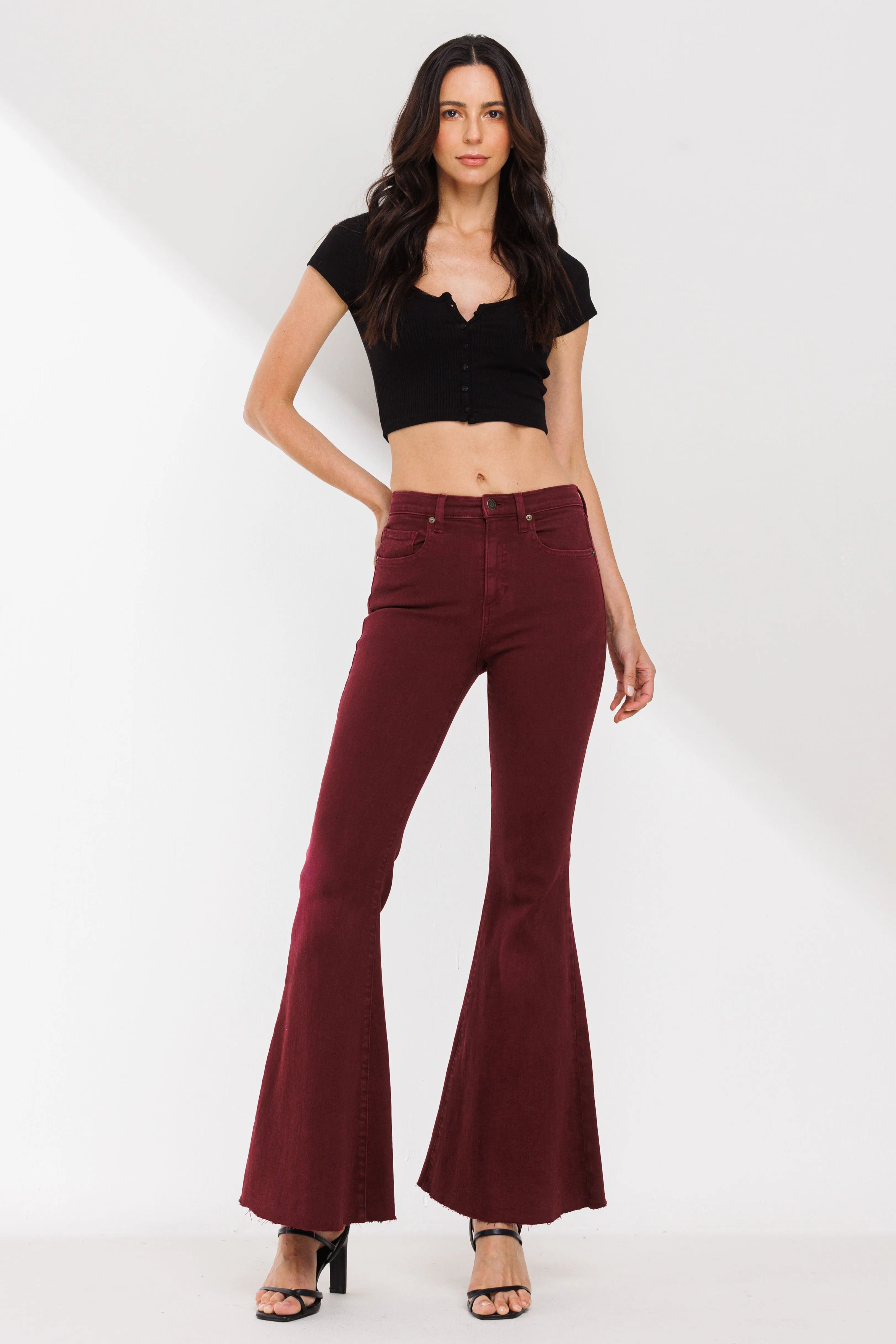 HIGH RISE RED WINE COLOR FLARE JEANS WITH RAW CUT HEM / SP-P12257RW