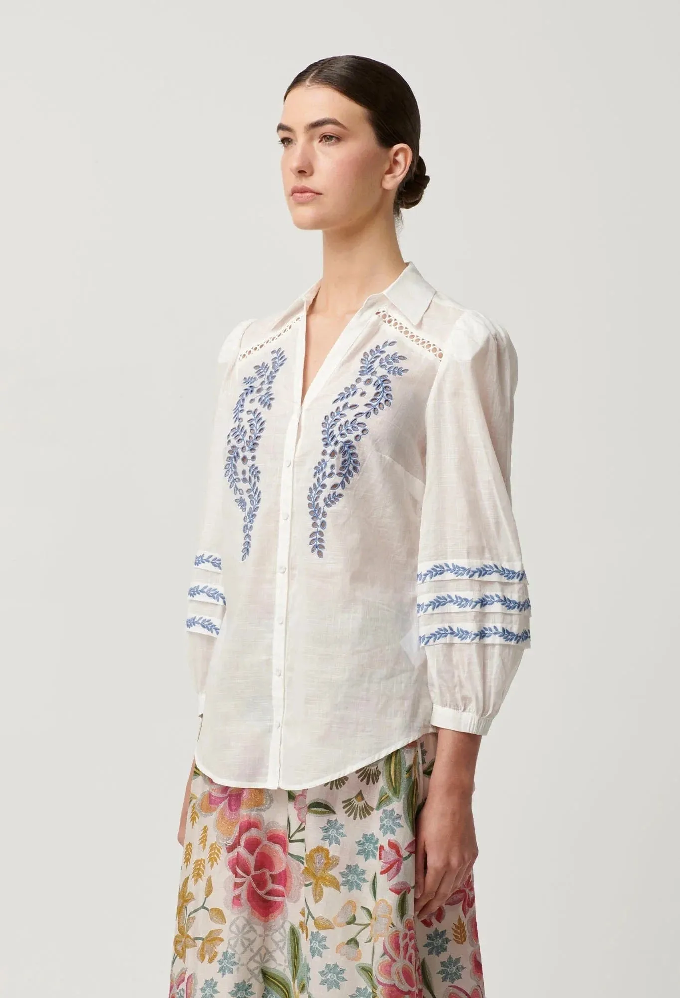 Once Was Fleurine Embroidered Cotton Slub Shirt