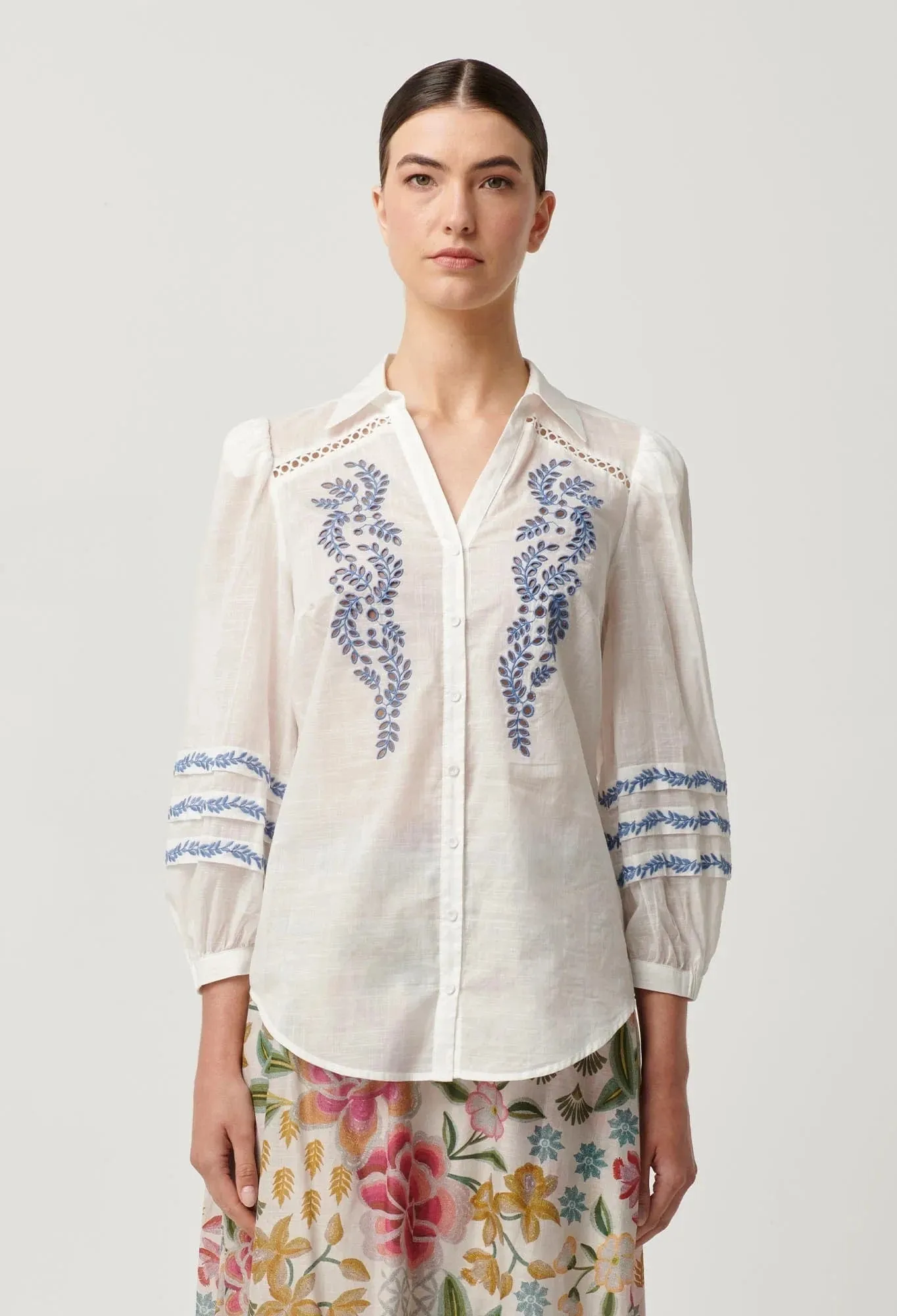 Once Was Fleurine Embroidered Cotton Slub Shirt