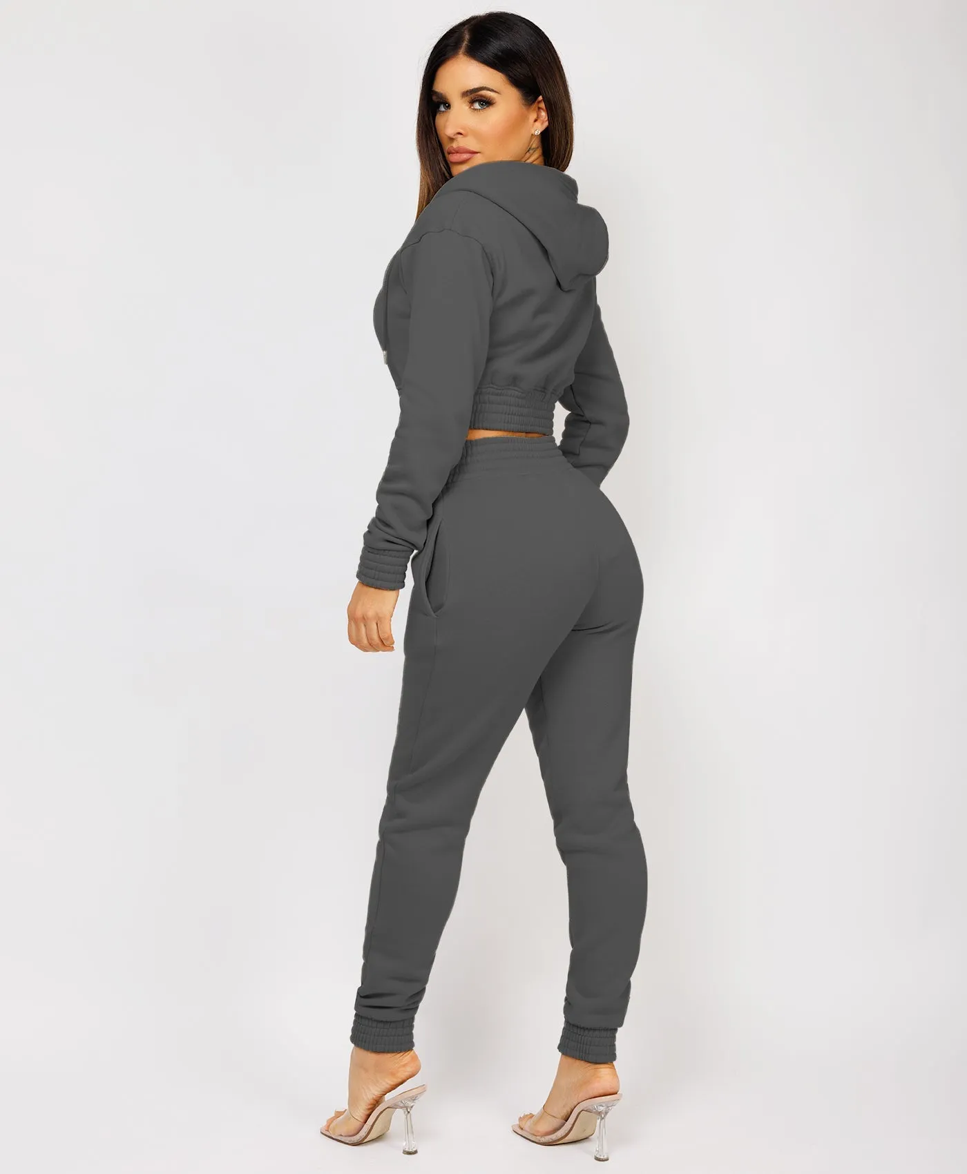 Slate Grey Zipped Cropped Hooded Tracksuit Loungewear Set