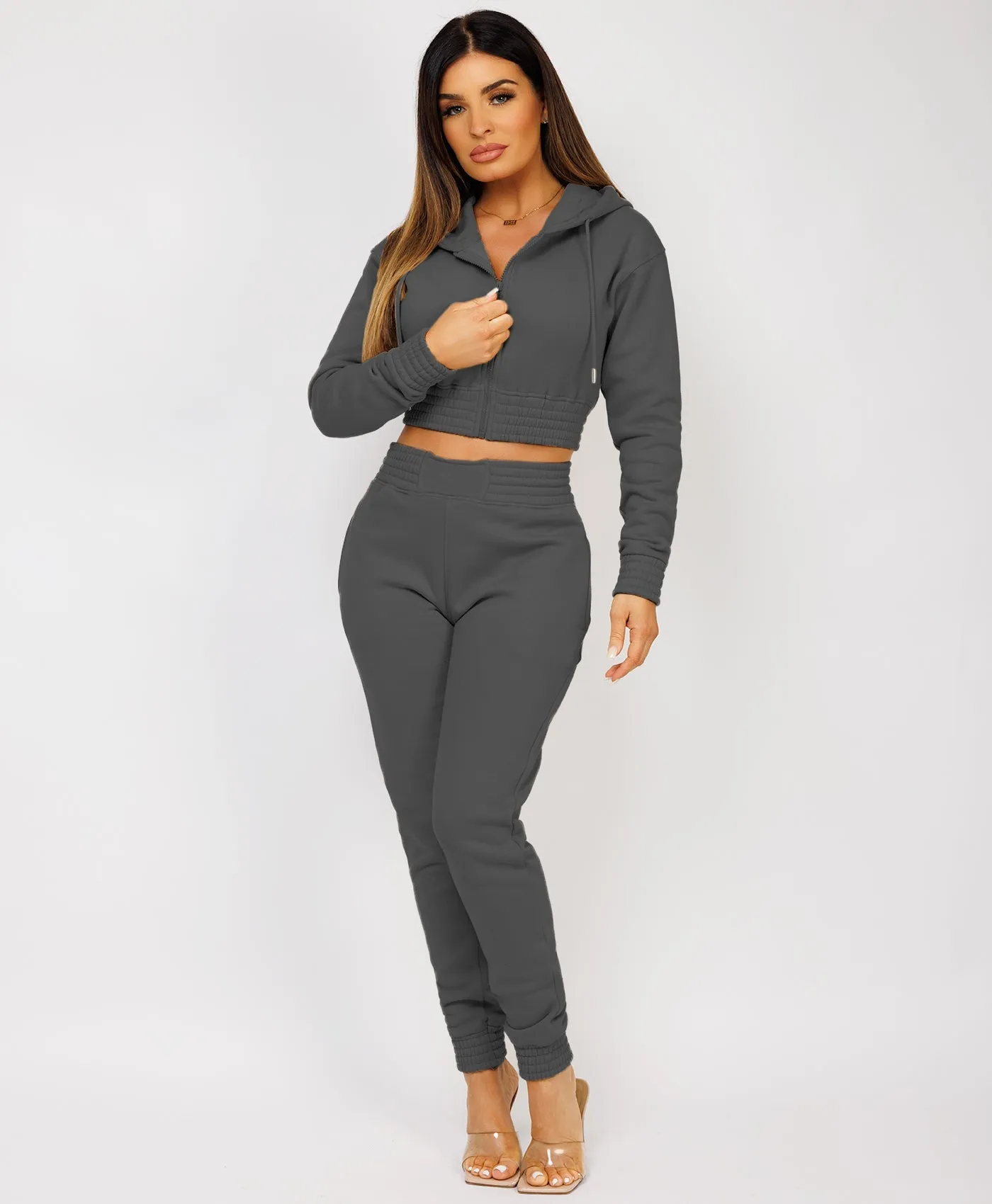 Slate Grey Zipped Cropped Hooded Tracksuit Loungewear Set