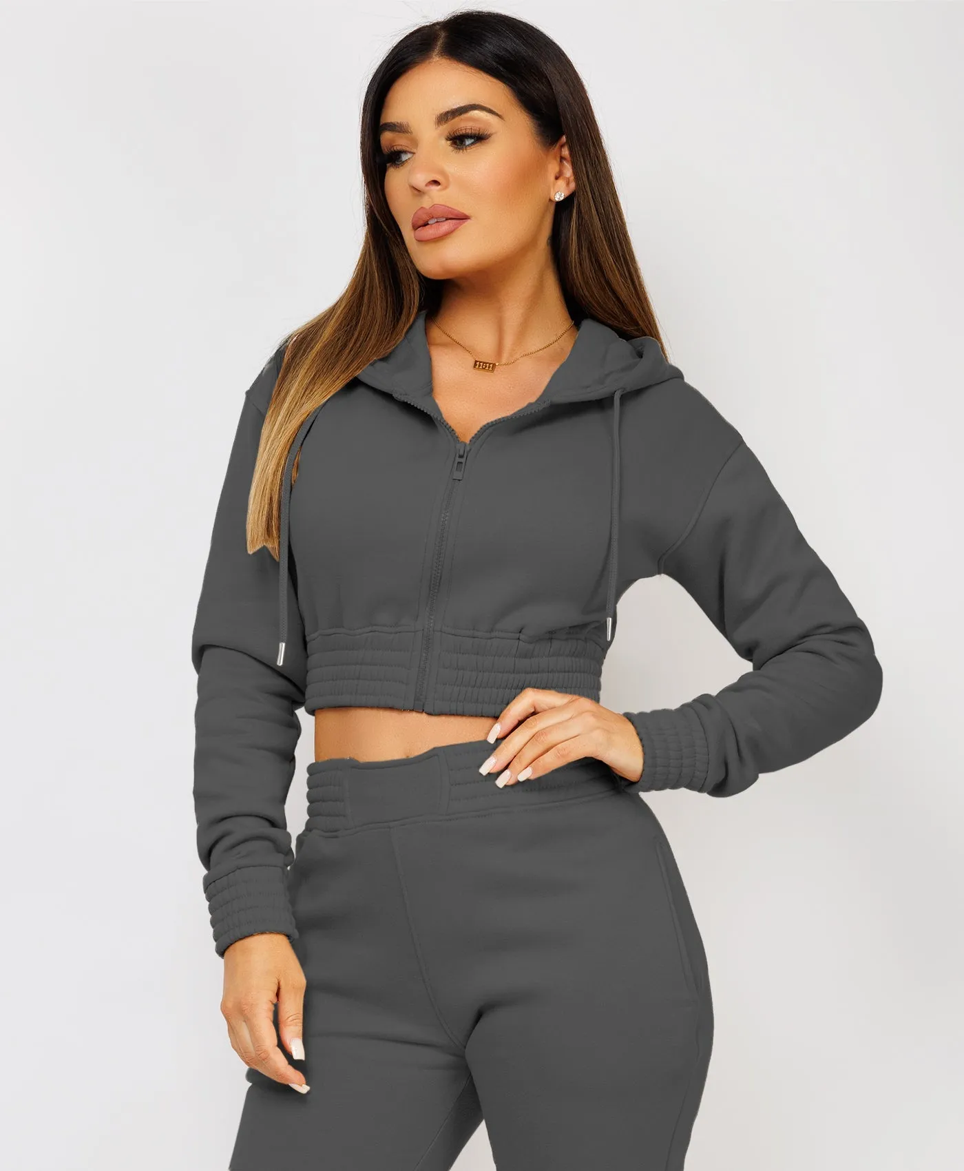 Slate Grey Zipped Cropped Hooded Tracksuit Loungewear Set