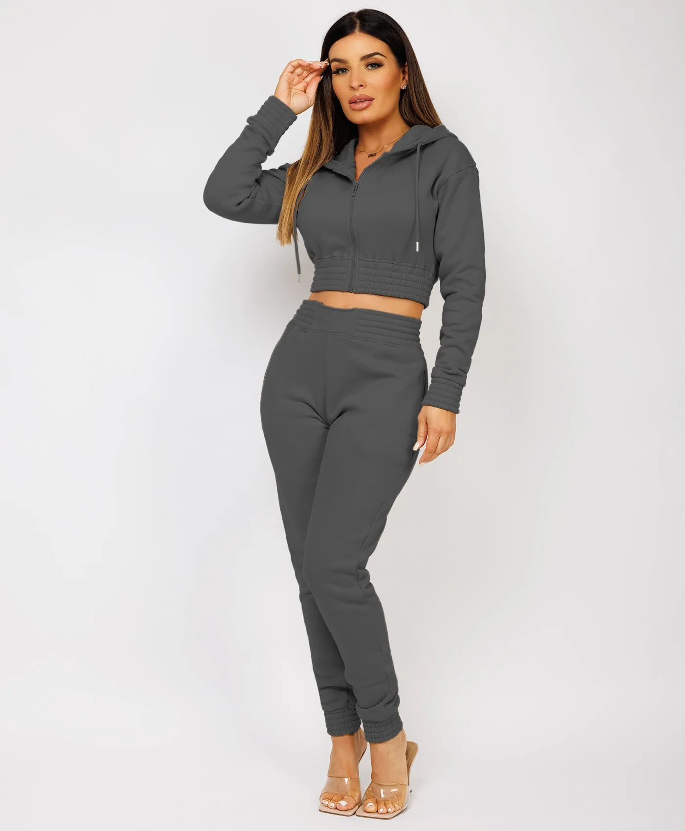 Slate Grey Zipped Cropped Hooded Tracksuit Loungewear Set