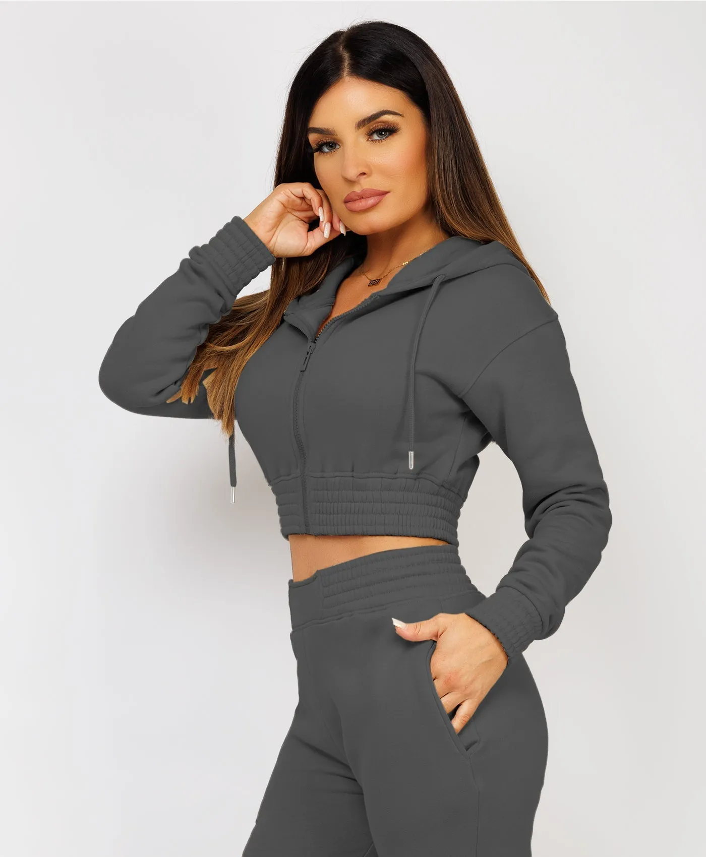 Slate Grey Zipped Cropped Hooded Tracksuit Loungewear Set