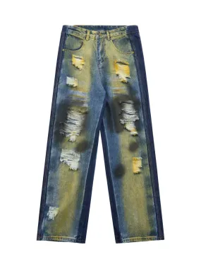 Sneakerhill Hip-hop Washed Distressed Loose Spray-dyed Jeans
