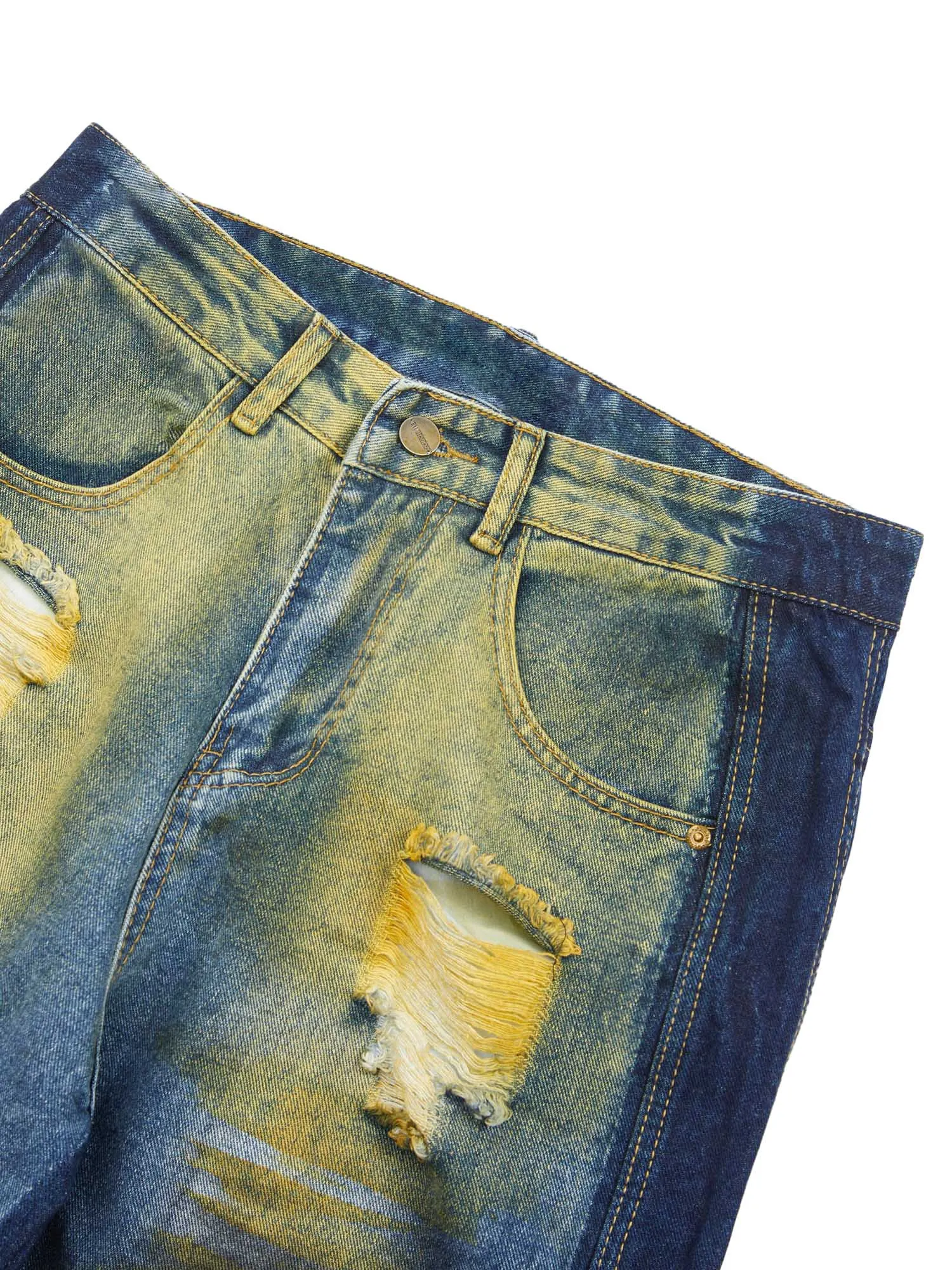 Sneakerhill Hip-hop Washed Distressed Loose Spray-dyed Jeans