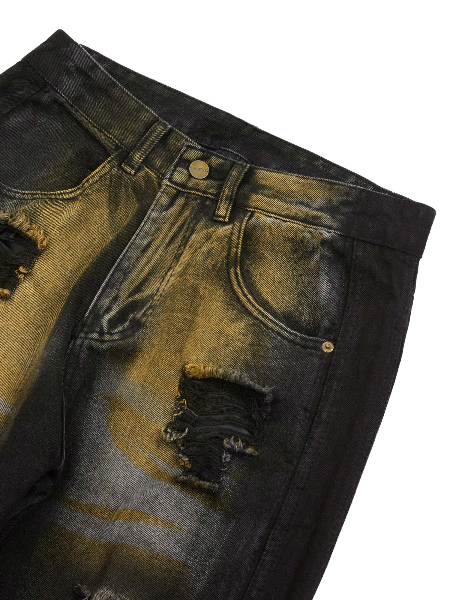 Sneakerhill Hip-hop Washed Distressed Loose Spray-dyed Jeans