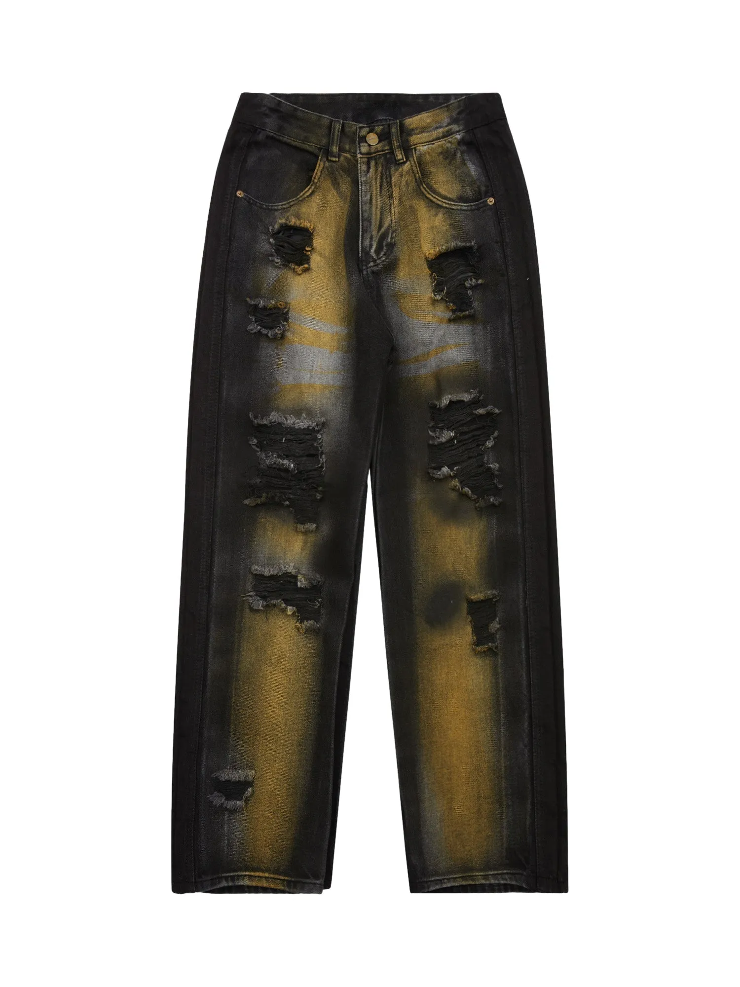 Sneakerhill Hip-hop Washed Distressed Loose Spray-dyed Jeans
