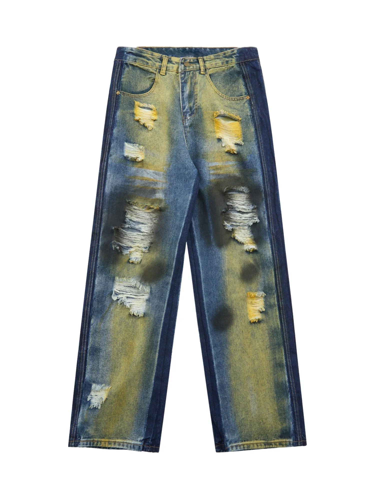 Sneakerhill Hip-hop Washed Distressed Loose Spray-dyed Jeans