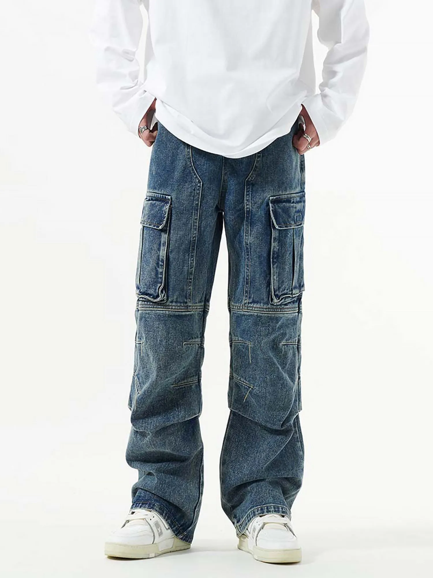 Sneakerhill Washed And Distressed Multi-pocket Jeans - 1698