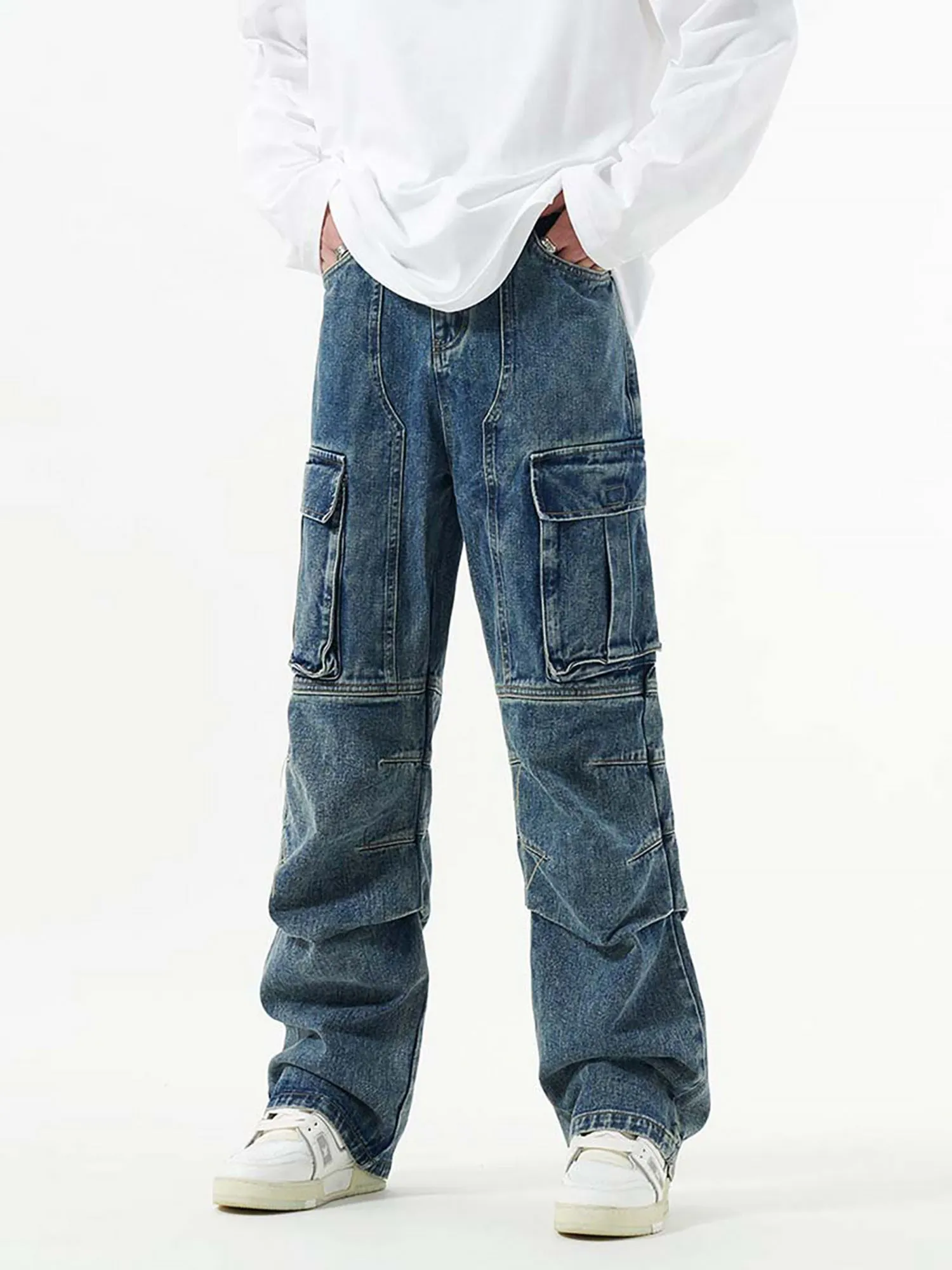Sneakerhill Washed And Distressed Multi-pocket Jeans - 1698