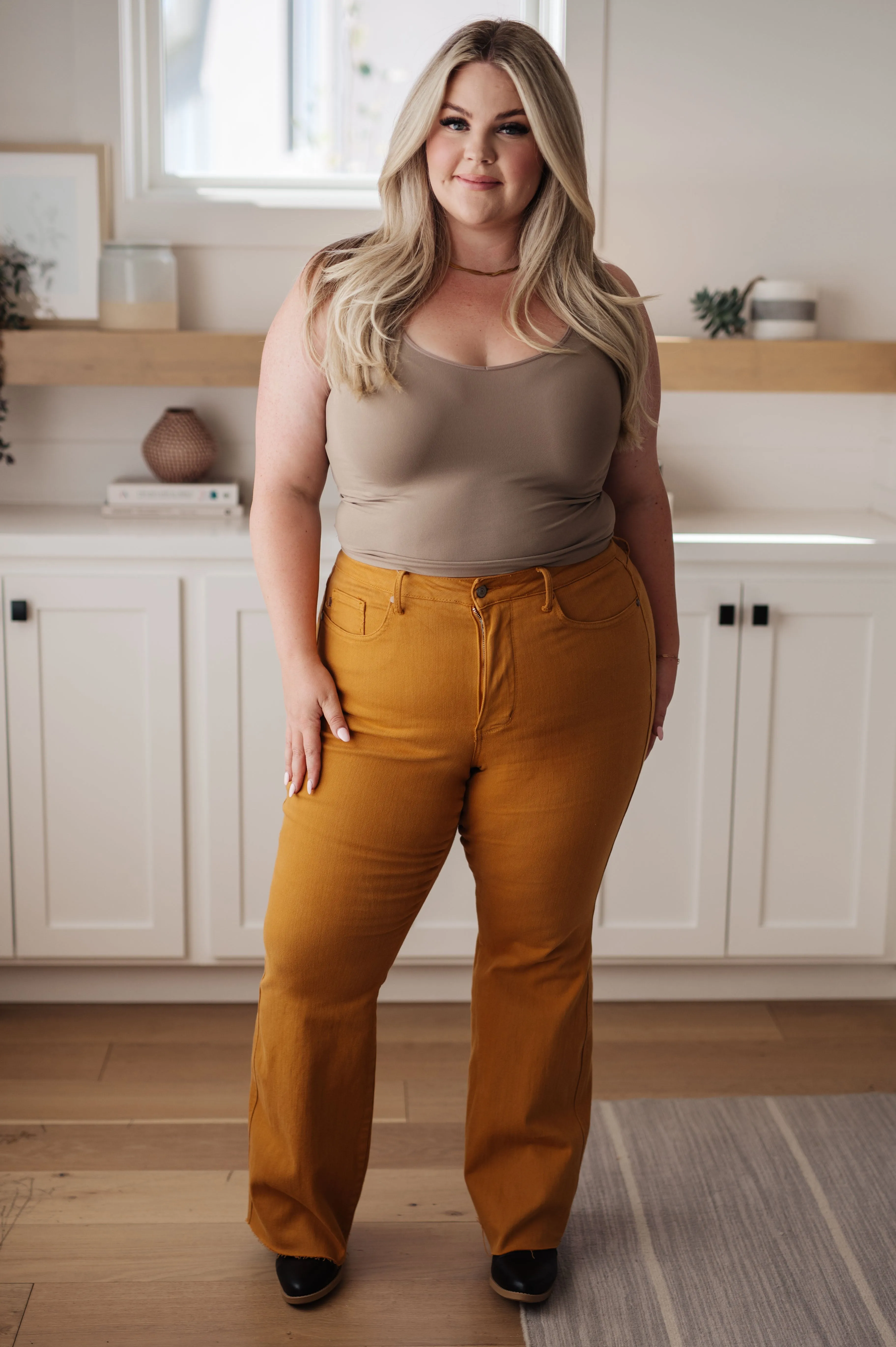 Tummy Control High Rise Flares in Marigold
