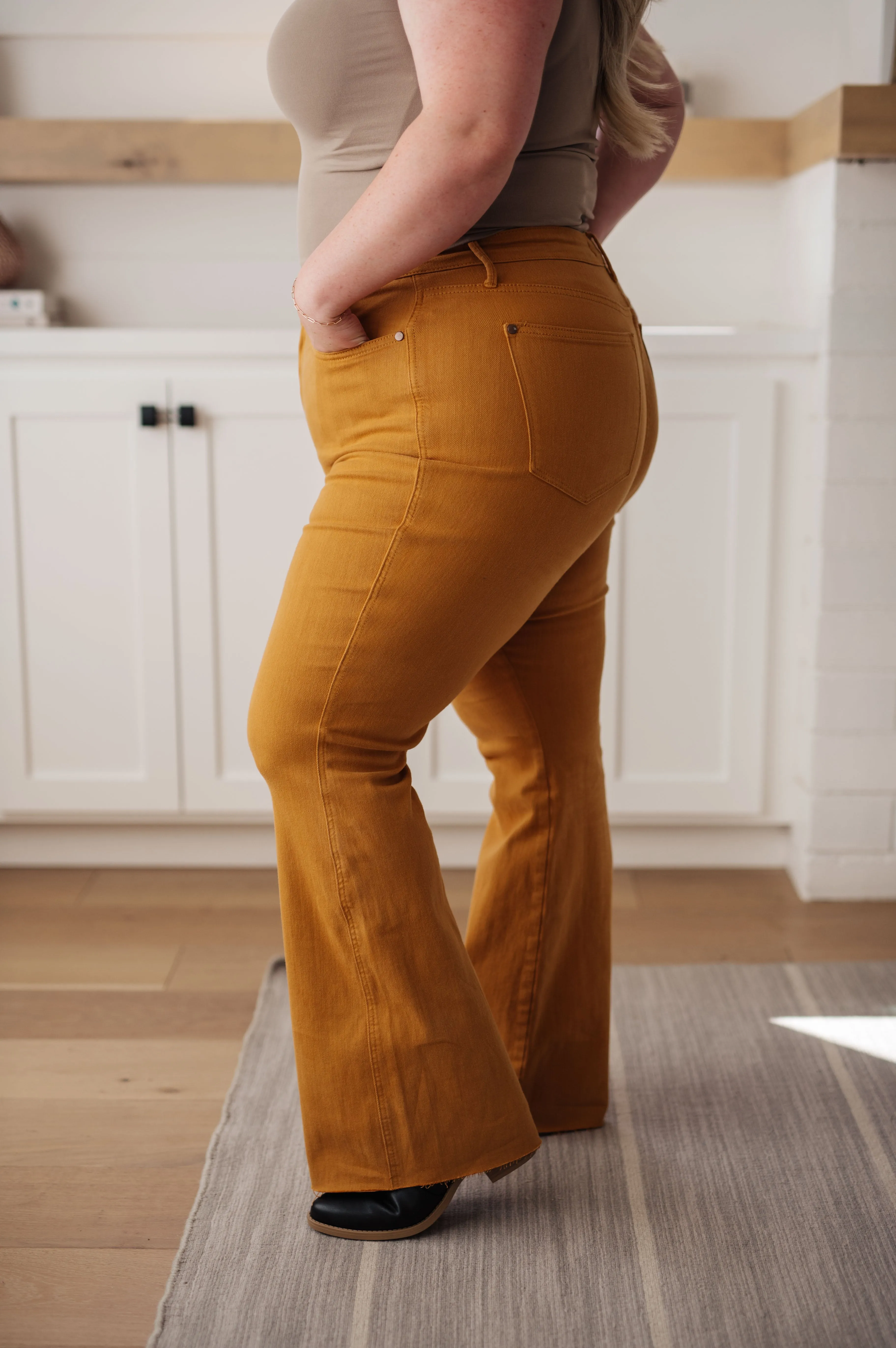 Tummy Control High Rise Flares in Marigold