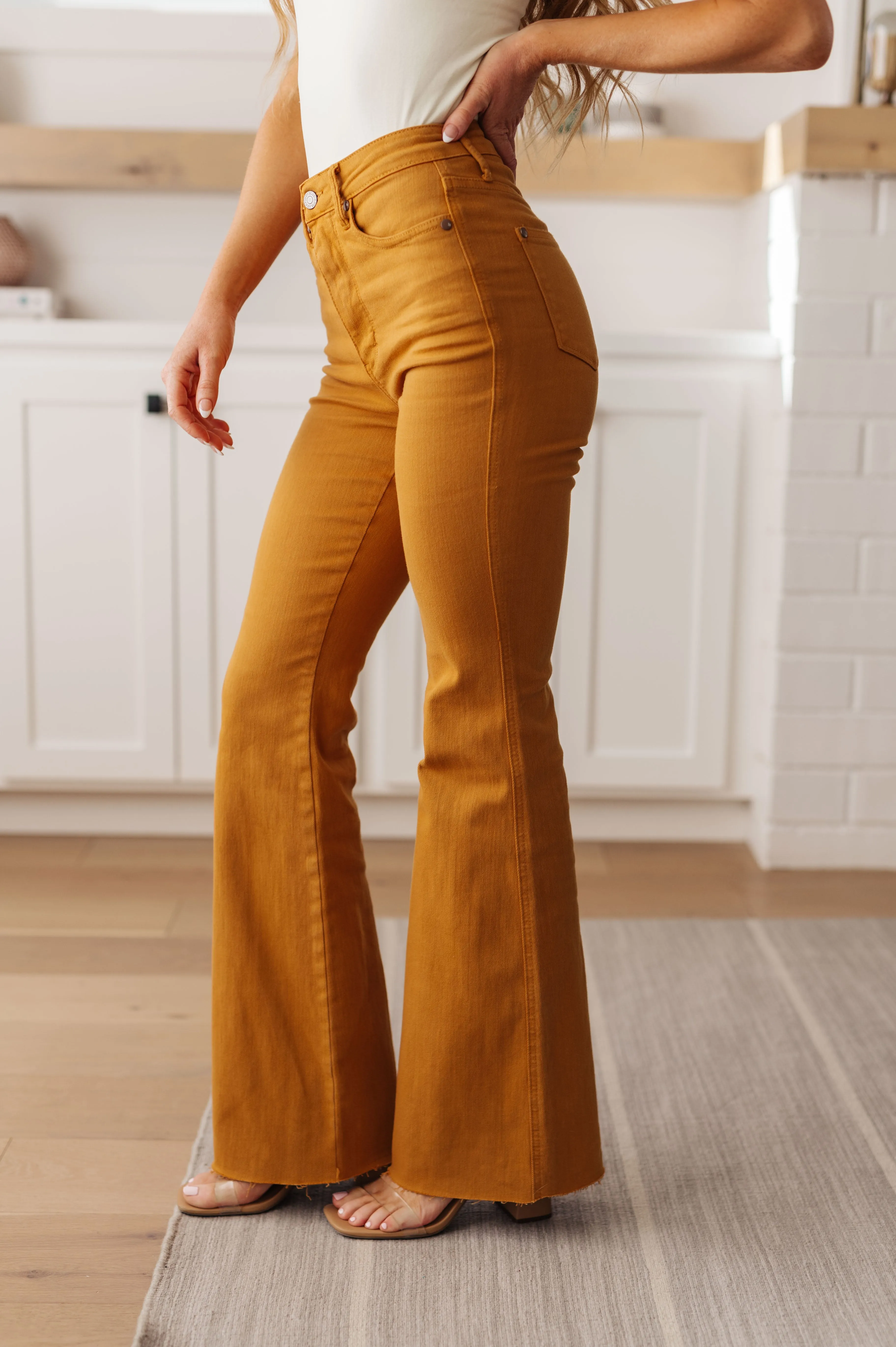 Tummy Control High Rise Flares in Marigold