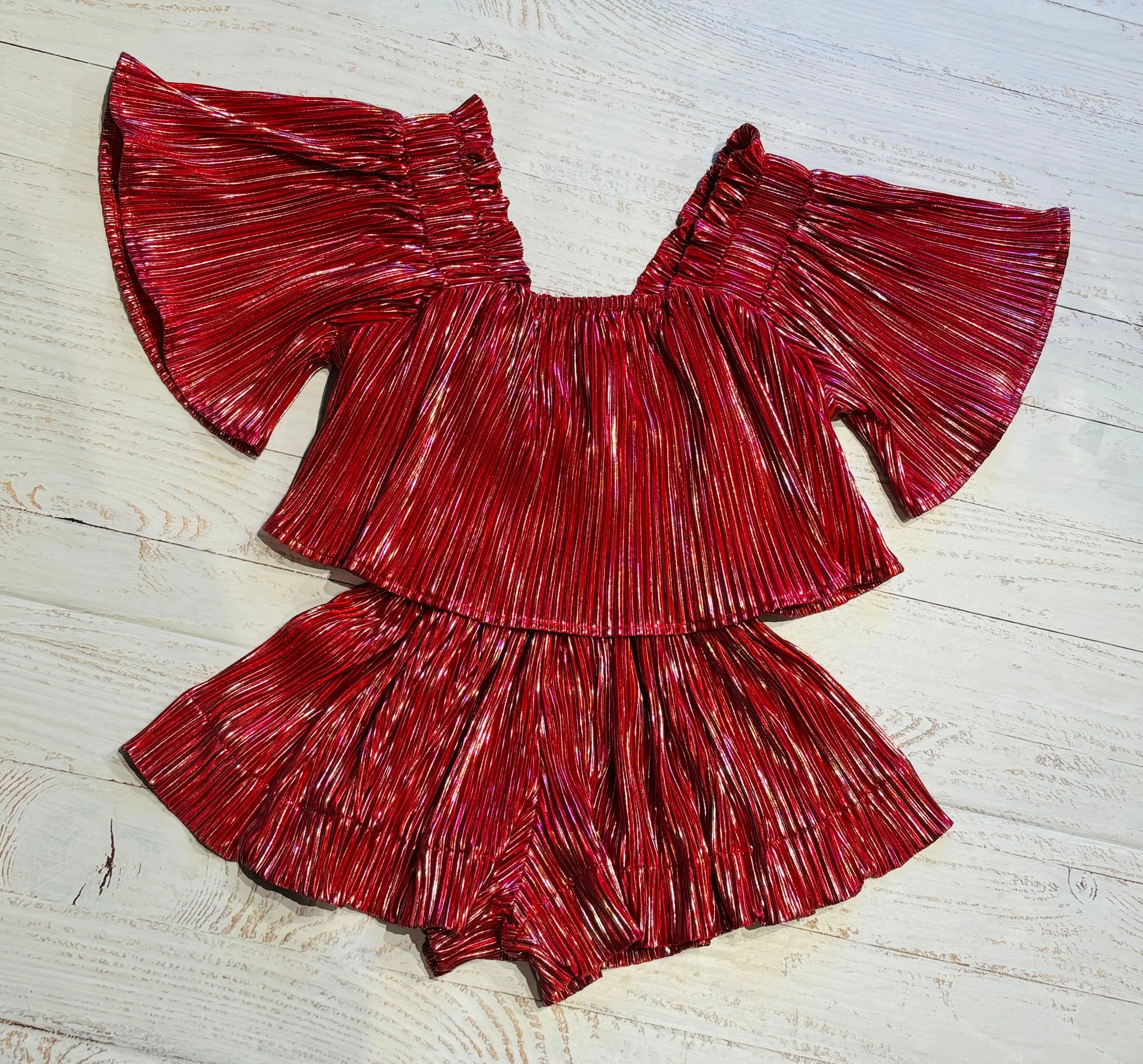 Tween Top | Red/Silver Pleat Flutter Top | Queen of Sparkles