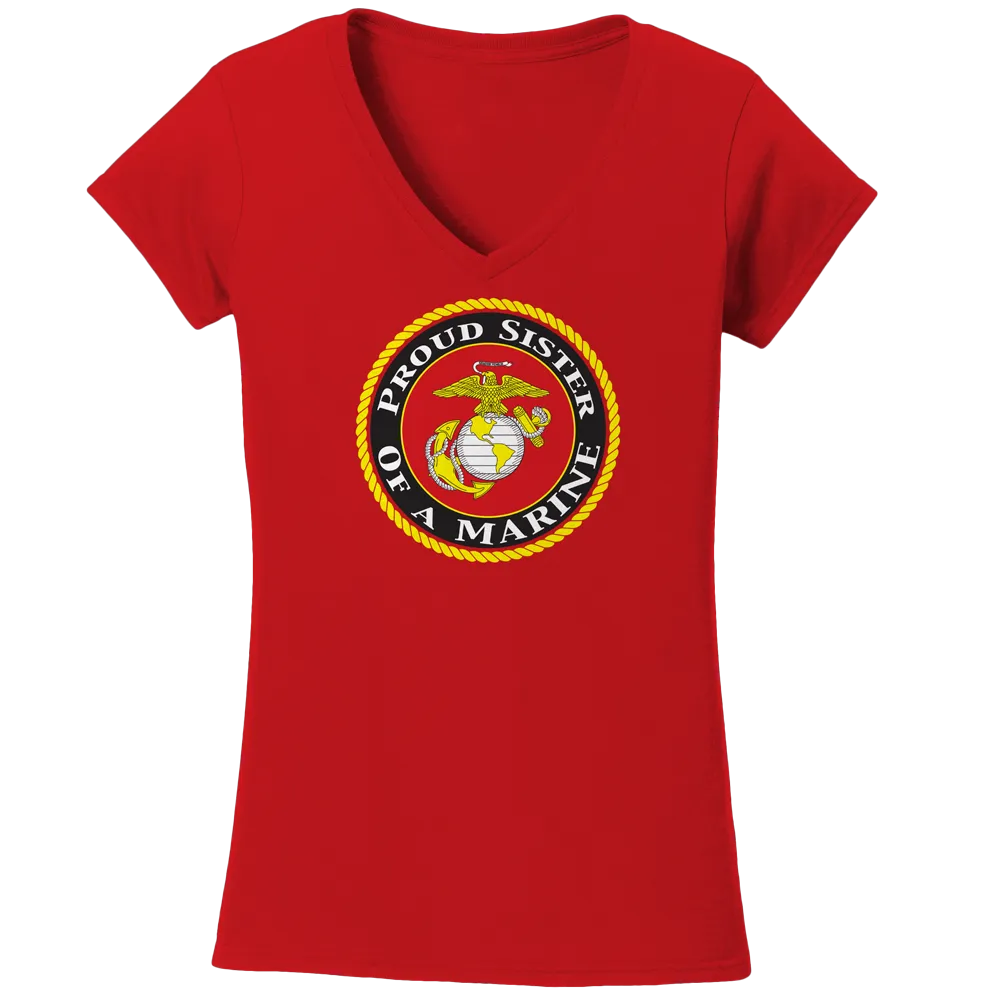USMC Seal Proud Sister of a Marine Ladies V-Neck Tee-Red